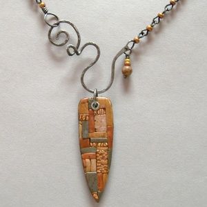 2 Sided Pendant Necklace Rust Brown Mosaic Clay Copper Gray Handmade Steel New